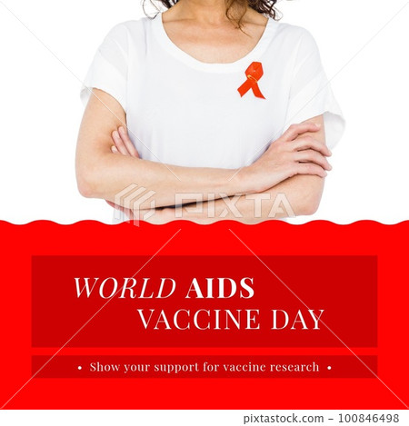 Composition of world aids vaccine day text and caucasian woman with red ribbon 100846498