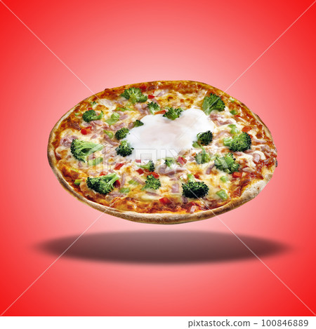 Floating Pizza bacon on red radial gradient Floating Pizza bacon on red radial gradient 100846889