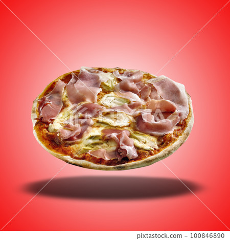 Floating Pizza Fantasia on red radial gradient Floating Pizza Fantasia on red radial gradient 100846890