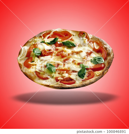 Floating  Pizza Casarecce  on red radial gradient 100846891