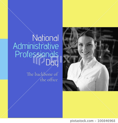 National administrative professionals day text over caucasian businesswoman with tablet 100846968