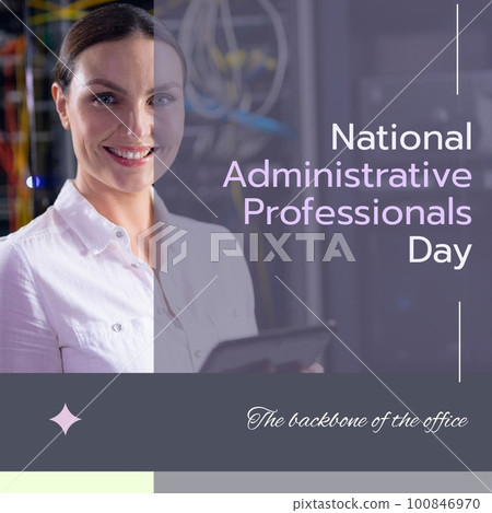 National administrative professionals day text over caucasian businesswoman with tablet 100846970