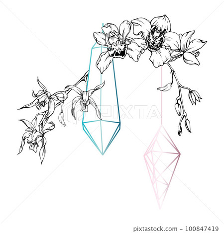 Hand drawn vector ink orchid flowers and branches, monochrome, detailed outline. Composition with crystal form. Isolated on white background. Design for wall art, wedding, print, tattoo, cover, card. 100847419