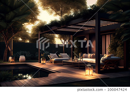 Trendy outdoor patio pergola shade structure, awning and patio roof, garden lounge, chairs, metal grill surrounded by landscaping 100847424