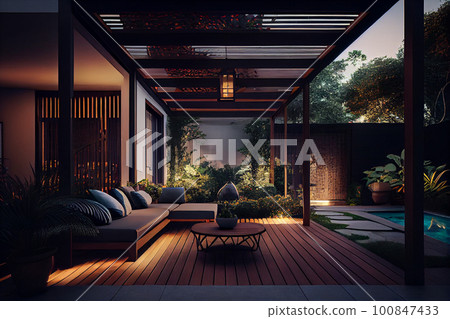 Trendy outdoor patio pergola shade structure, awning and patio roof, garden lounge, chairs, metal grill surrounded by landscaping 100847433