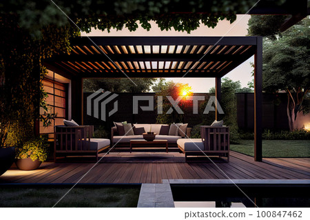 Trendy outdoor patio pergola shade structure, awning and patio roof, garden lounge, chairs, metal grill surrounded by landscaping Trendy outdoor patio pergola shade structure, awning and patio roof, garden lounge, chairs, metal grill surrounded by landscaping 100847462