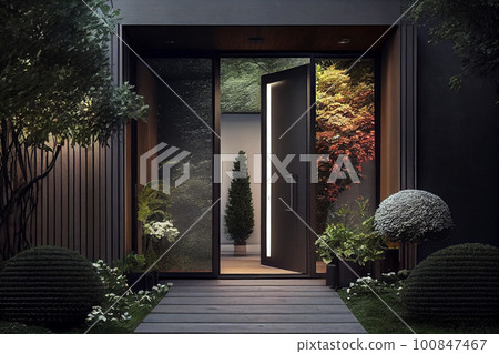 Wooden entrance door to modern white house with paving footpath and backside garden 100847467