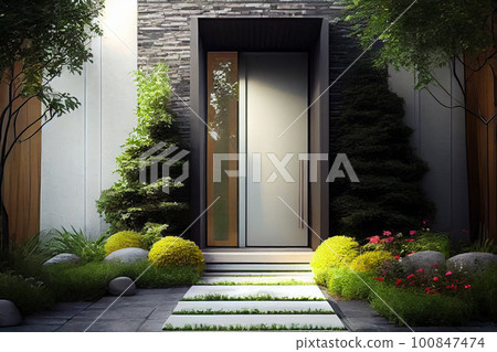 Wooden entrance door to modern white house with paving footpath and backside garden Wooden entrance door to modern white house with paving footpath and backside garden 100847474