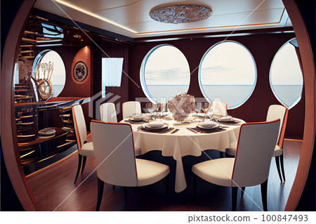 Interior design furnishing decor of the salon area in a large luxury motor yacht Interior design furnishing decor of the salon area in a large luxury motor yacht 100847493