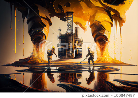 Elimination of an emergency situation at an oil producing station. Workers in protective uniforms work on an offshore oil rig 100847497