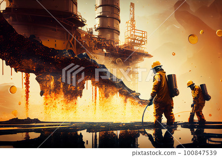 Elimination of an emergency situation at an oil producing station. Workers in protective uniforms work on an offshore oil rig Elimination of an emergency situation at an oil producing station. Workers in protective uniforms work on an offshore oil rig 100847539