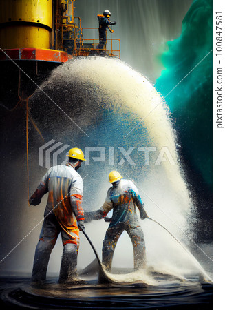 Elimination of an emergency situation at an oil producing station. Workers in protective uniforms work on an offshore oil rig 100847581