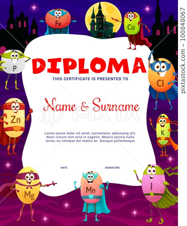 Kids diploma. Cartoon vitamin and micronutrient superhero characters. Vector certificate with Fe, Cu and Cl, K, I and Mn, Mg, Zn and P food supplement capsules personages in fairytale night city 100848067