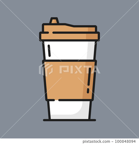 Coffee cup with lid isolated color line icon. Vector hot drinks package mockup. Takeout drink in plastic or glass container. Takeaway fastfood beverage 100848094
