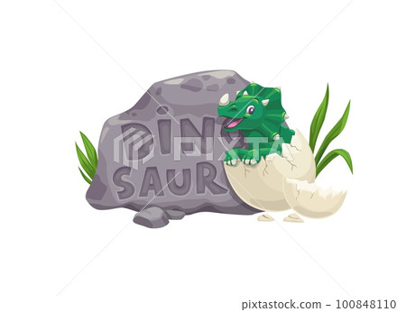 Cartoon triceratops dinosaur character and dino egg. Isolated vector cute newborn baby of Jurassic era broken in egg shell and font on stone plate. Cute monster reptile personage for kids game or book Cartoon triceratops dinosaur character and dino egg. Isolated vector cute newborn baby of Jurassic era broken in egg shell and font on stone plate. Cute monster reptile personage for kids game or book 100848110