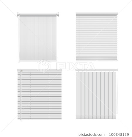 Roller window blinds and curtains. Roll jalousie, venetian and roman shades. Vector realistic window shutters with vertical and horizontal blinds made of white plastic, metal and fabric Roller window blinds and curtains. Roll jalousie, venetian and roman shades. Vector realistic window shutters with vertical and horizontal blinds made of white plastic, metal and fabric 100848129