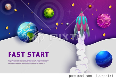 Space landing page, start up concept, galaxy planets and spaceship launch, vector business website template. Galaxy planets and rocket shuttle start up background for business web site or landing page Space landing page, start up concept, galaxy planets and spaceship launch, vector business website template. Galaxy planets and rocket shuttle start up background for business web site or landing page 100848131