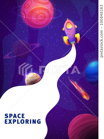 Rocket launch in galaxy space for landing page website, vector background. Space exploring for business startup website template or landing page layout with rocket spaceship and galactic planets 100848163