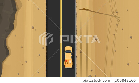 Desert road top view car driving through the deserted area with dry land and electric poles with wires along asphalted highway. Vector landscape of highway and automobile travel in Africa or Mexico 100848166