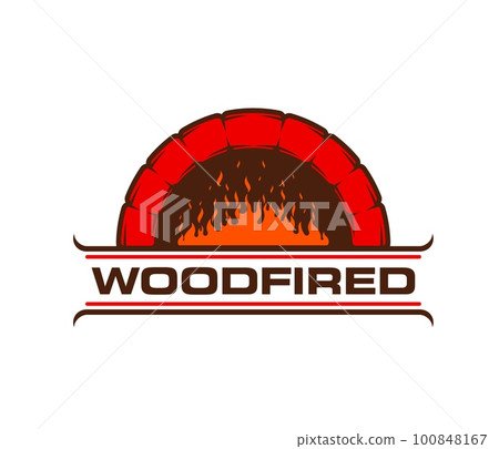 Fireplace, stone oven icon. Bakery shop fireplace with burning wood logs, barbeque bar hearth or Italian cuisine restaurant stone stove vector emblem. Pizzeria firewood oven chimney symbol or sign 100848167
