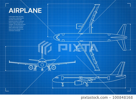 Outline plane aircraft blueprint or airplane design drawing, vector aviation industry. Plane jet blueprint plan with side and top view, aeroplane technical scheme in contour sketch line on blue print 100848168