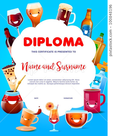 Sommelier and taster diploma with cartoon drinks and beverage characters. Vector certificate with cute tea, coffee, beer and wine, tequila, pulque and cocktail or bubble tea mug and bottle personages 100848196