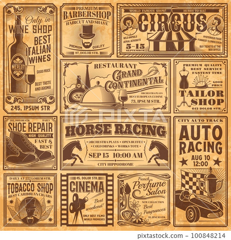 Vintage newspaper banners, old advertising. Vector retro ads posters with services barbershop, shoe repair, perfume salon, wine, tobacco and tailor shops. Circus, restaurant, horse and auto racing 100848214