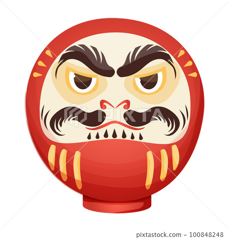 Daruma red traditional japan doll talisman with angry face, geld elements in cartoon style isolated on white background. 100848248