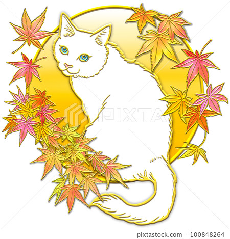 仰望秋葉的貓_白貓_背景金 100848264