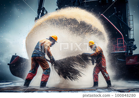 Elimination of an accident at an oil producing enterprise, workers in oil-stained overalls clean up a leak Elimination of an accident at an oil producing enterprise, workers in oil-stained overalls clean up a leak 100848280