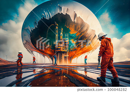 Fantasy on the elimination of oil emissions at a mining enterprise. Workers in uniform close the escaped oil, block the well. Environment protection. 100848282