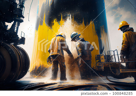Fantasy on the elimination of oil emissions at a mining enterprise. Workers in uniform close the escaped oil, block the well. Environment protection. 100848285
