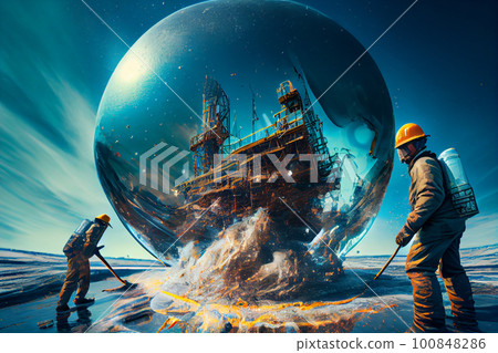 Fantasy on the elimination of oil emissions at a mining enterprise. Workers in uniform close the escaped oil, block the well. Environment protection. 100848286
