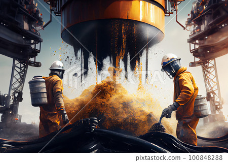 Fantasy on the elimination of oil emissions at a mining enterprise. Workers in uniform close the escaped oil, block the well. Environment protection. Fantasy on the elimination of oil emissions at a mining enterprise. Workers in uniform close the escaped oil, block the well. Environment protection. 100848288