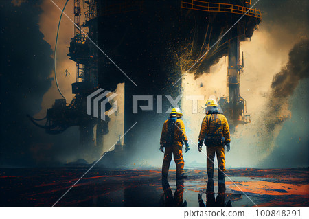 Hard work on an offshore oil rig. Men in protective uniforms in the oil and gas industry. Hard work on an offshore oil rig. Men in protective uniforms in the oil and gas industry. 100848291