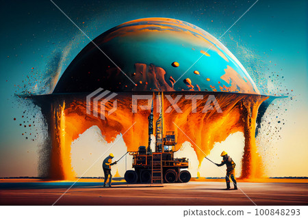 Hard work on an offshore oil rig. Men in protective uniforms in the oil and gas industry. 100848293