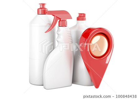 Detergent, cleaning products with map pointer, 3D rendering Detergent, cleaning products with map pointer, 3D rendering 100848438