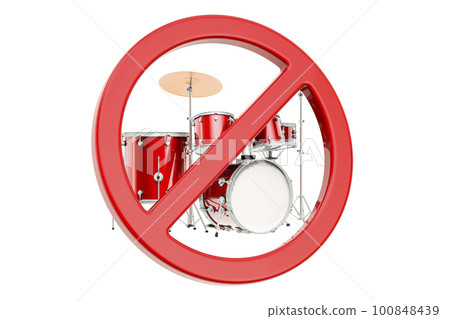 Drum kit with forbidden symbol, 3D rendering Drum kit with forbidden symbol, 3D rendering 100848439