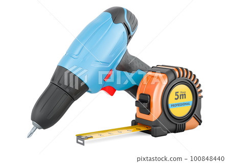 Electric drill with tape measure, 3D rendering 100848440