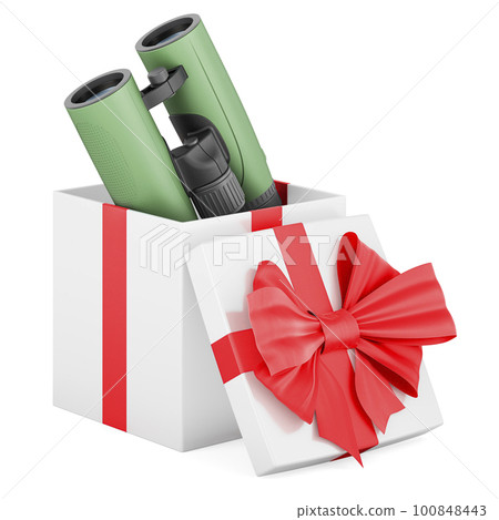 Military binocular inside gift box, present concept. 3D rendering Military binocular inside gift box, present concept. 3D rendering 100848443