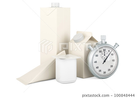 Packaging for dairy, juice products with stopwatch, 3D rendering Packaging for dairy, juice products with stopwatch, 3D rendering 100848444