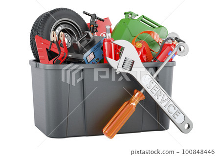 Plastic box full of car tools, equipment and accessories with screwdriver and wrench, 3D rendering Plastic box full of car tools, equipment and accessories with screwdriver and wrench, 3D rendering 100848446
