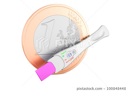 Pregnancy test positive with euro coin, 3D rendering Pregnancy test positive with euro coin, 3D rendering 100848448