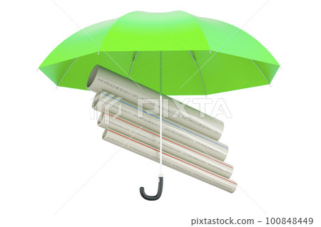PVC pipes, composite pipe, uPVC pipe, cPVC pipe under umbrella. 3D rendering PVC pipes, composite pipe, uPVC pipe, cPVC pipe under umbrella. 3D rendering 100848449