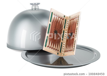 Restaurant cloche with backgammon, 3D rendering Restaurant cloche with backgammon, 3D rendering 100848450
