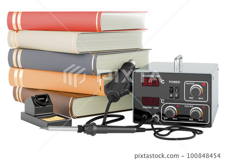 Soldering station with books, 3D rendering Soldering station with books, 3D rendering 100848454