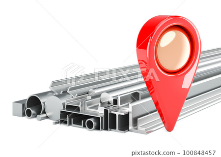 Stack of Rolled Metal Products with map pointer, 3D rendering 100848457