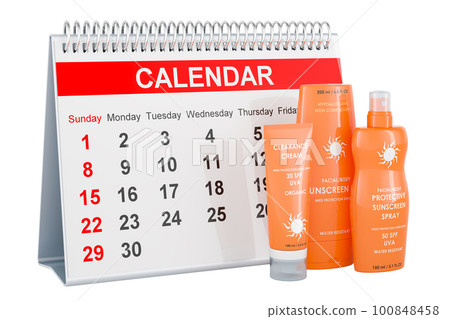 Sunscreen products with desk calendar, 3D rendering Sunscreen products with desk calendar, 3D rendering 100848458