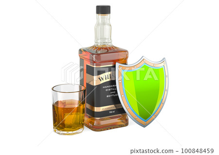 Whiskey bottle and full glass of whiskey with shield. 3D rendering Whiskey bottle and full glass of whiskey with shield. 3D rendering 100848459