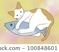 一隻貓抱著一條魚的手繪插圖 100848601